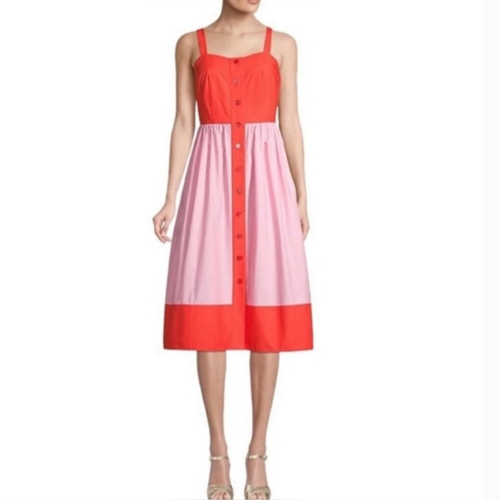 KATE SPADE Color Block Smocked Poplin Sundress in LAVA RED & PINK Size 2 Pockets